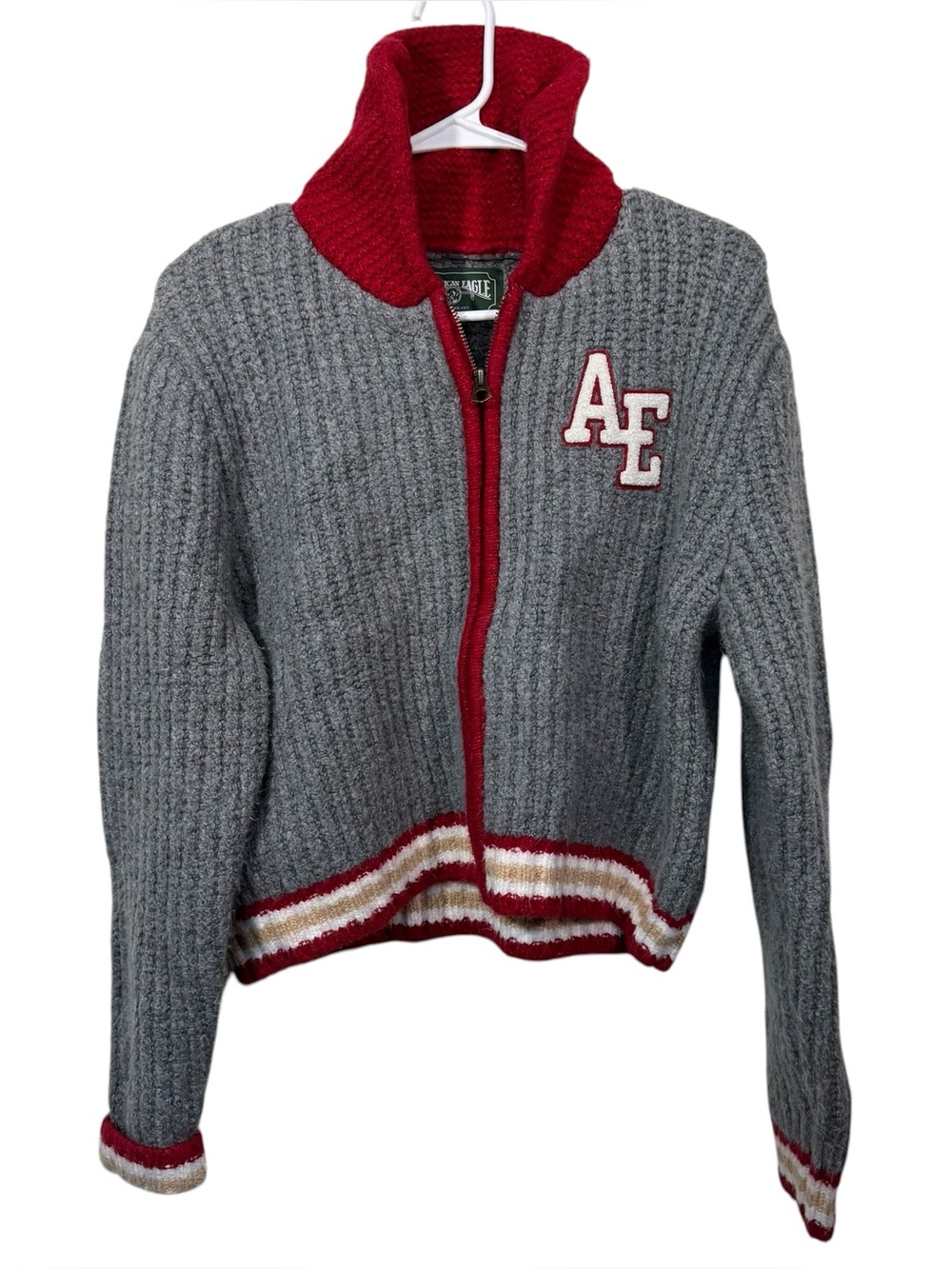 American Eagle Grey Chunky Knit Vintage Letterman Zip Up Sweater